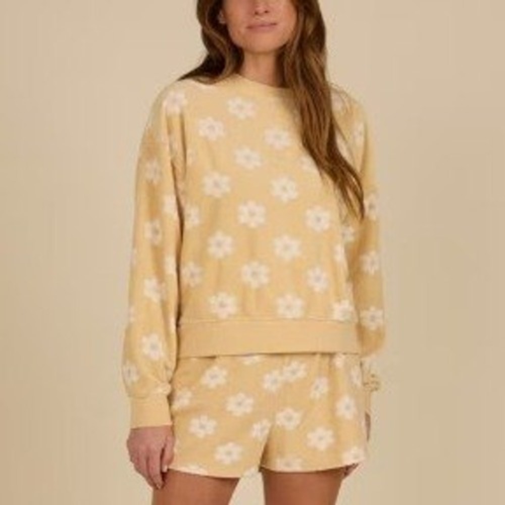Rylee + Cru Daisy Boxy Pullover Womens XL Yellow Floral Terry Sweatshirt